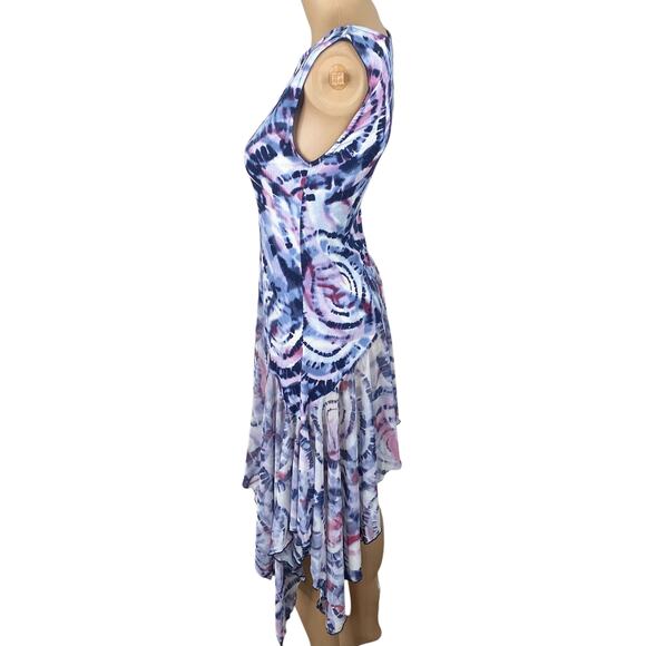 Pyramid Collection Blue Purple Tie Dye Asymmetric Ruffle Hem Top SZ XS - Picture 7 of 9
